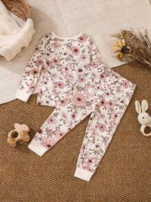 SHEIN 婴儿/女宝宝米色基础花卉印花长袖上衣和紧身裤 2 件套紧身睡衣套装 - 杏色 - 查看 2