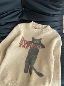 SHEIN EZwear Suéter de cuello redondo con estampado de gato lindo, apto para otoño/invierno