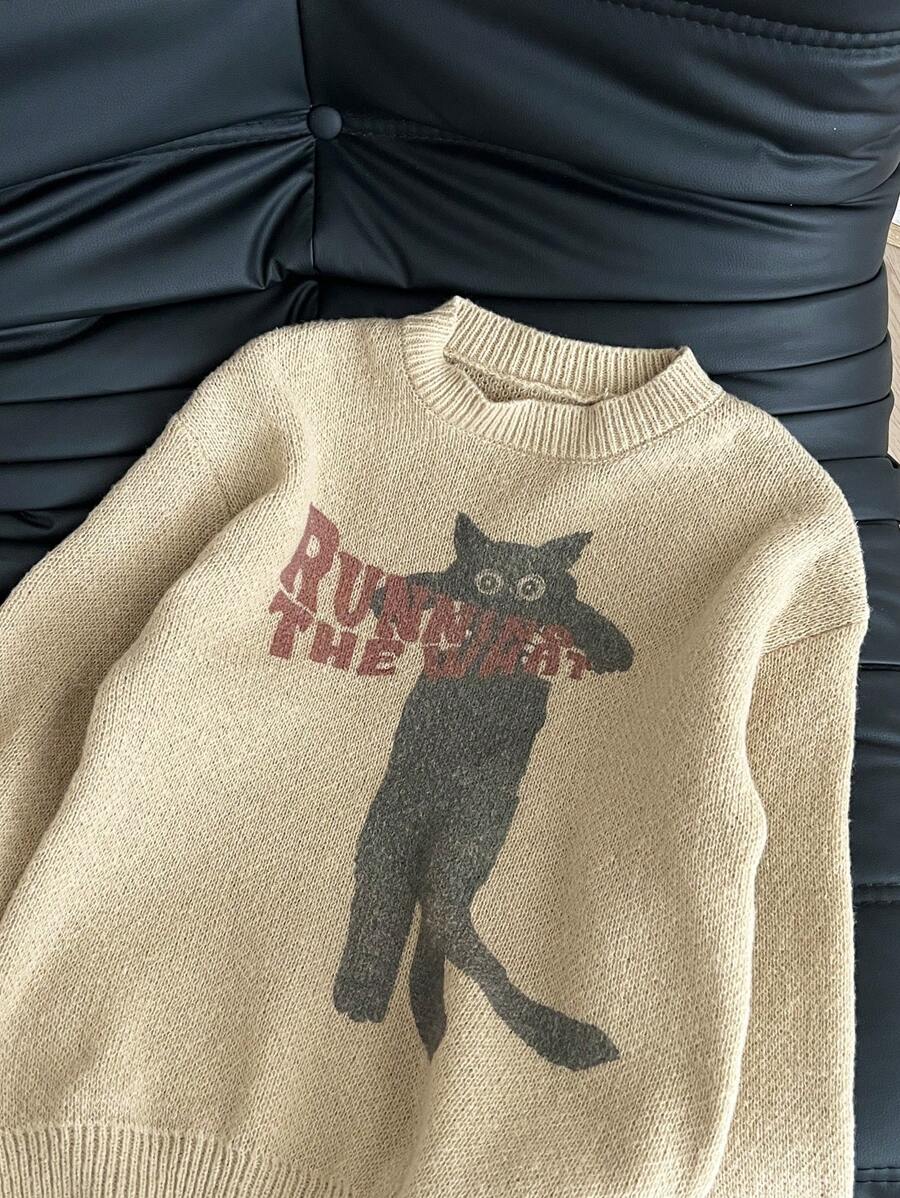 SHEIN EZwear Suéter de cuello redondo con estampado de gato lindo, apto para otoño/invierno