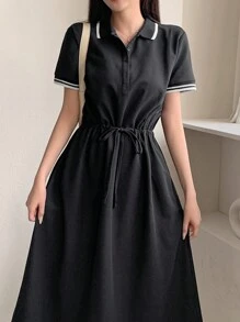 DAZY Women Collegiate Style Short Sleeve Waist Cinched Collar Mid-Length Dress Sundress Shirt Dress,Casual Women Dresses