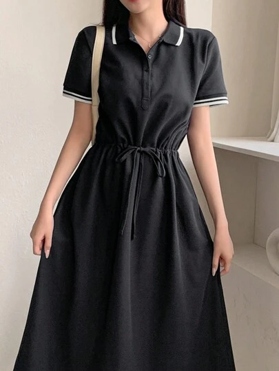 DAZY 女士学院风短袖收腰中长连衣裙衬衫裙，休闲女式连衣裙长裙