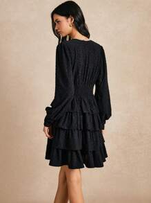 Poéselle Vestido negro, vestido de pastel, mangas abultadas, vestido de manga larga, ropa de primavera y verano, Día de San Valentín, vestido casual de estilo pastel con mangas de farol y cuello en V para mujer, moda minimalista, adecuado para uso diario, salir a la calle, vacaciones y otras ocasiones