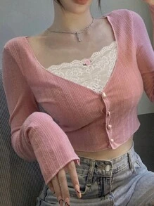 DAZY 女士纹理面料撞色蕾丝短款长袖 T 恤，粉色，春夏