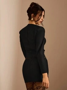 Glamine Traje de 2 piezas estilo oficina en negro, chaqueta de manga larga corta y ajustada con cremallera y falda mini de tela acanalada con bajo dividido, un estilo sencillo y sexy apto para uso diario en la oficina o citas