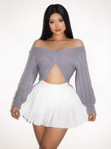 Zolique Women's Fashionable Solid Color Off Shoulder Lantern Sleeve Cropped Sweater, Autumn New Years Sexy Club Holiday Party Women Knit Pullover Fall Winter - Grey - View 1