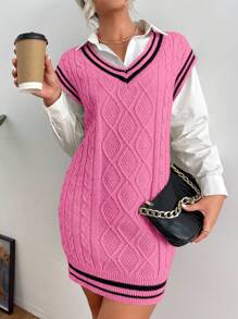 Chiquease Women's Casual Loose Striped V-Neck Sleeveless Sweater Dress, Autumn/Winter - Hot Pink - View 4