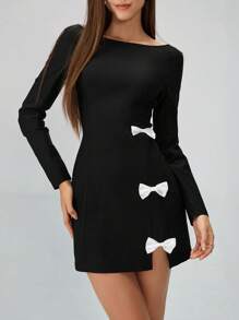 Chiquease 女士休闲时尚圆领长袖纯色连衣裙，配蝴蝶结装饰和开衩下摆 - 黑色 - 查看 3