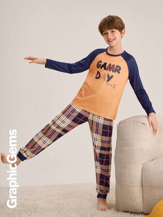 Tween Boy Letter Print Color Block Raglan Sleeve T-Shirt And Plaid Pants Clothes Pajama Set