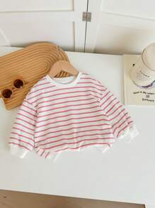 SHEIN Leap Crew Baby Girl Cute Versatile Casual Cartoon Striped Long Sleeve Sweatshirt - Pink - View 2