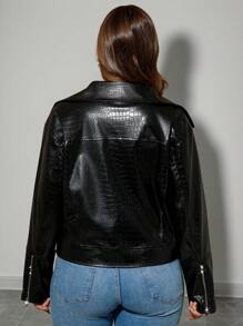 SHEIN Privé Plus Size Elegant Casual Personalized High Street Music Festival Long Sleeve Jacket, Lapel Collar Pockets PU Embossed Jacket, Suitable For Holiday, New Year, Party, Office Fairy - Black - View 4