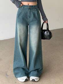 DAZY Jeans dritti casual ampi e plissettati da donna con decorazioni in strass