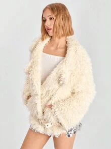 SHEIN EZwear Women's Solid Color Fluffy Coat, Stylish For Autumn/Winter - Beige - View 3