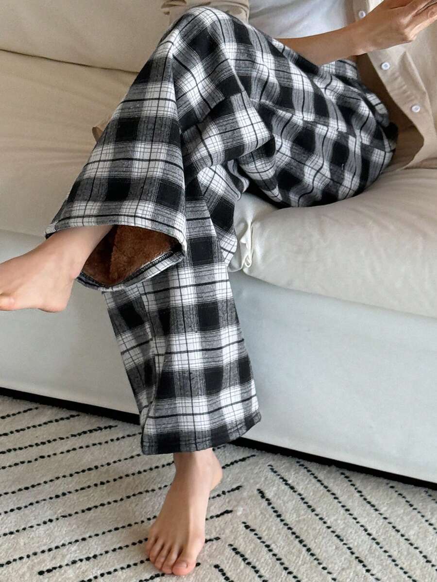 DAZY Plaid Thermal Lined Loose Pajama Bottoms Fall,Winter - Black - View 1