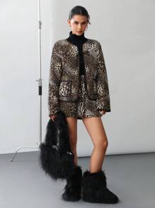 Aveloria Affinna Veste à manches longues avec poches, style rue décontracté moderne, empiècement de couleur noir, imprimé léopard, fermoir devant + Jupe 2 pièces, tenue automne pour femmes