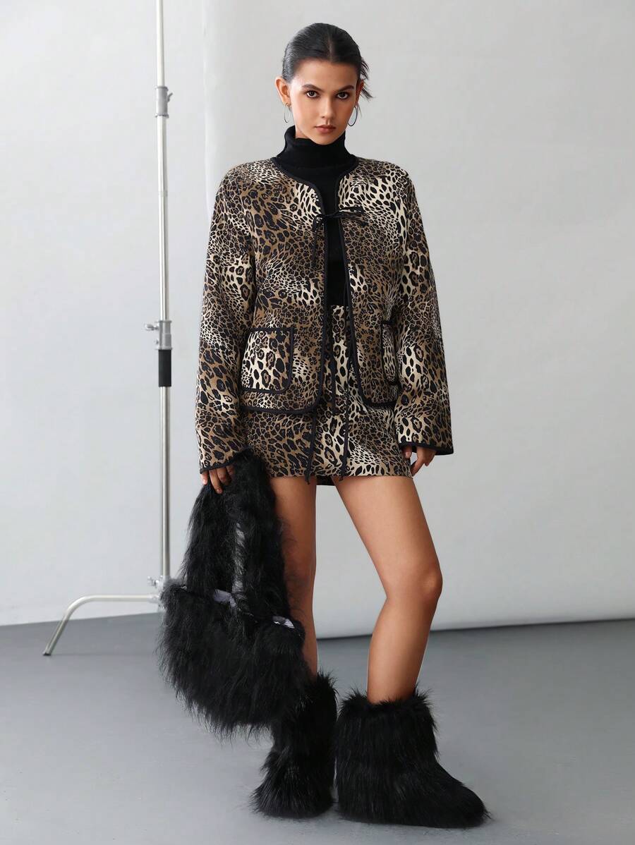 Aveloria Affinna Veste à manches longues avec poches, style rue décontracté moderne, empiècement de couleur noir, imprimé léopard, fermoir devant + Jupe 2 pièces, tenue automne pour femmes