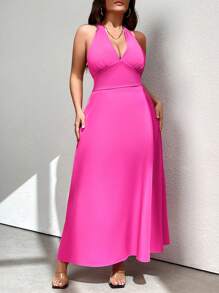 Celure Vestido maxi de mujer de talla grande con lazo en la cintura, sin mangas, color rosa, para otoño
