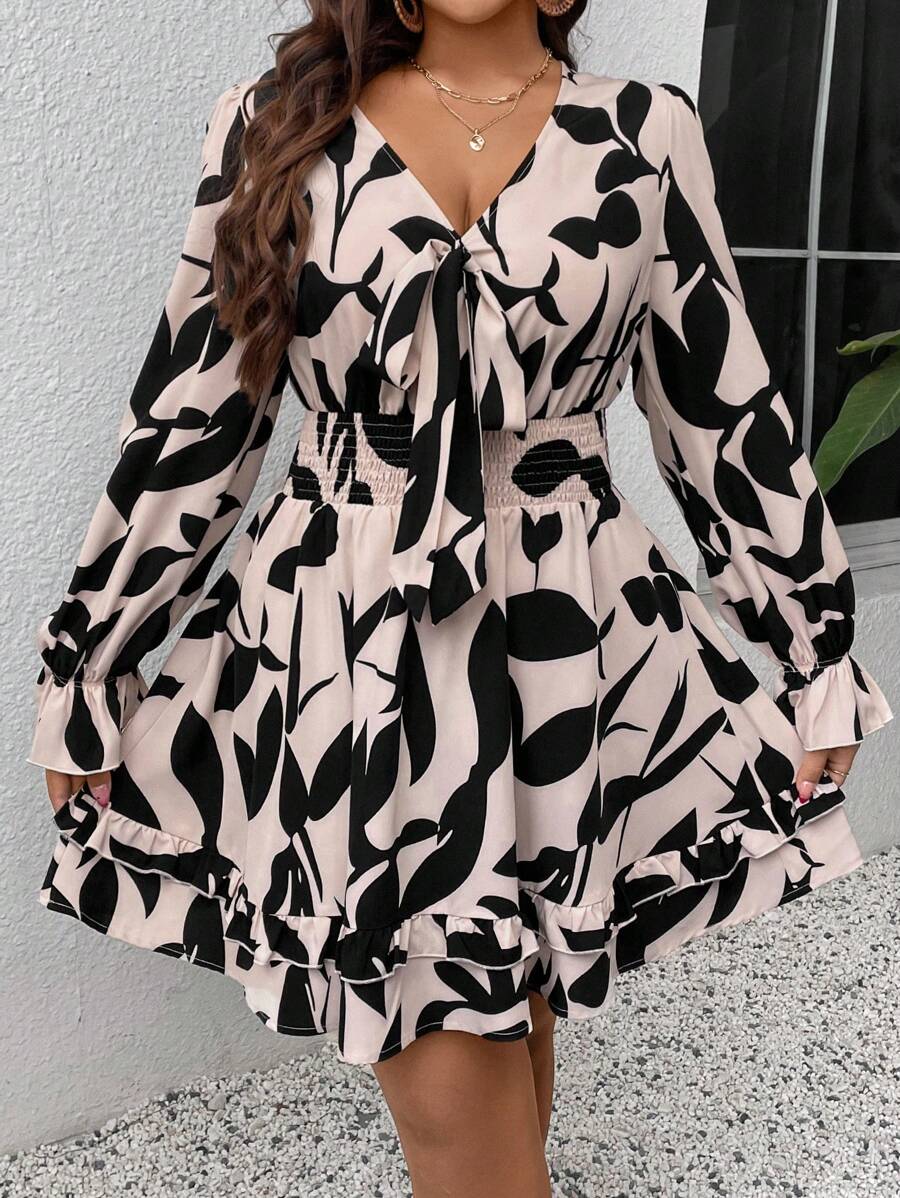 SHEIN VCAY Vestido de férias plus size feminino com estampa floral e nó frontal, manga flare, cintura franzida - Multicolorido - Ver 1