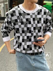 Claim Dot Men's Casual Checkerboard Pattern Round Neck Long Sleeve Sweater, Autumn/Winter - Multicolor - View 4