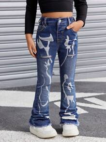 SHEIN Young Girl Graffiti Print Blue Denim Flared Elastic Distressed Jeans - Dark Wash - View 3
