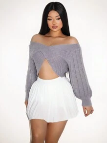 Zolique Women's Fashionable Solid Color Off Shoulder Lantern Sleeve Cropped Sweater, Autumn New Years Sexy Club Holiday Party Women Knit Pullover Fall Winter - Grey - View 4