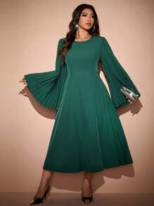 Allurite Đầm chữ A dài tay xếp ly hở lưng cổ tròn thanh lịch cỡ lớn cho quý cô, trang phục dành cho nữ - Màu xanh lá cây đậm - Xem 5