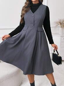 2pcs/Set Plus Size Women Casual Solid Woven V-Neck Cami Dress And Round Neck Ribbed Midi Dress, Spring - Dark Grey - View 7