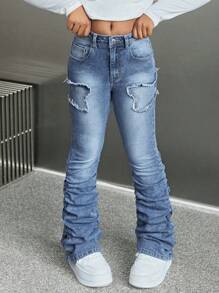 SHEIN Tween Girl Y2K Moda Fluture Mozaic cu franjuri Volană La modă Casual Versatili Blugi stivuiți