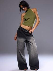 MUSERA High Neck Ribbed Backless Halterneck Knit Top For Spring Y2K 90's Casual Cute Winter - Green - View 4