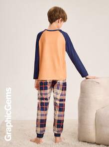 青少年男孩字母印花拼色插肩袖 T 恤和格子裤睡衣套装 - 彩色 - 查看 2