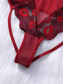 SHEIN Valentinstag Große Größen elegantes Spitzen-Patchwork Dessous-Set - Bordeaux - Übersicht 6