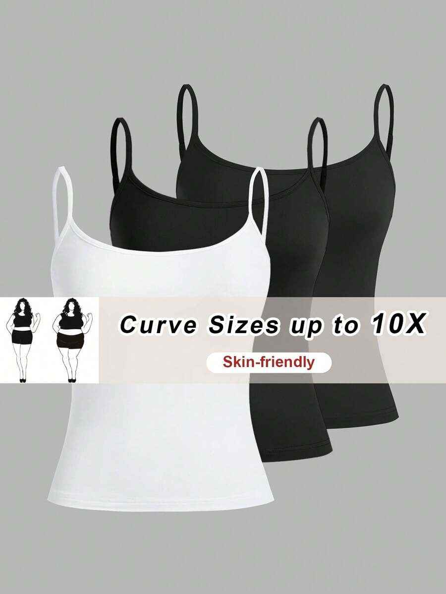 SHEIN CURVE+ 加大码 3 件装纯色吊带背心分层背心，适合秋冬季 - 黑與白 - 查看 1