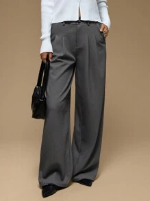 Forever 21 Women Casual Solid Color Fold Pleated Wide Leg Loose Pants - Grey - View 1