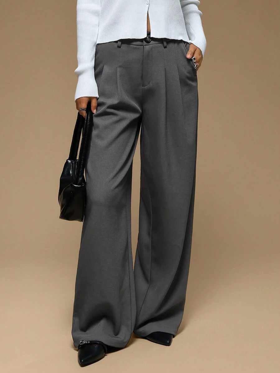 Forever 21 Women Casual Solid Color Fold Pleated Wide Leg Loose Pants - Grey - View 1