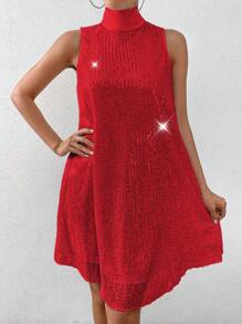 Allurite Fashionable Sequin Embellished Collar Tie Waist Sleeveless Midi Dress For New Year Clothes