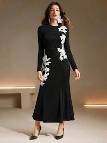 Anewsta 秋冬蕾丝刺绣花卉装饰长裙超长女装