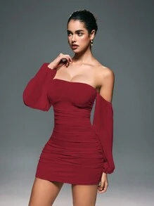 VaVaBold Vestido mini elegante y sexy de color liso, con pliegues, hombros descubiertos y espalda descubierta, ajustado