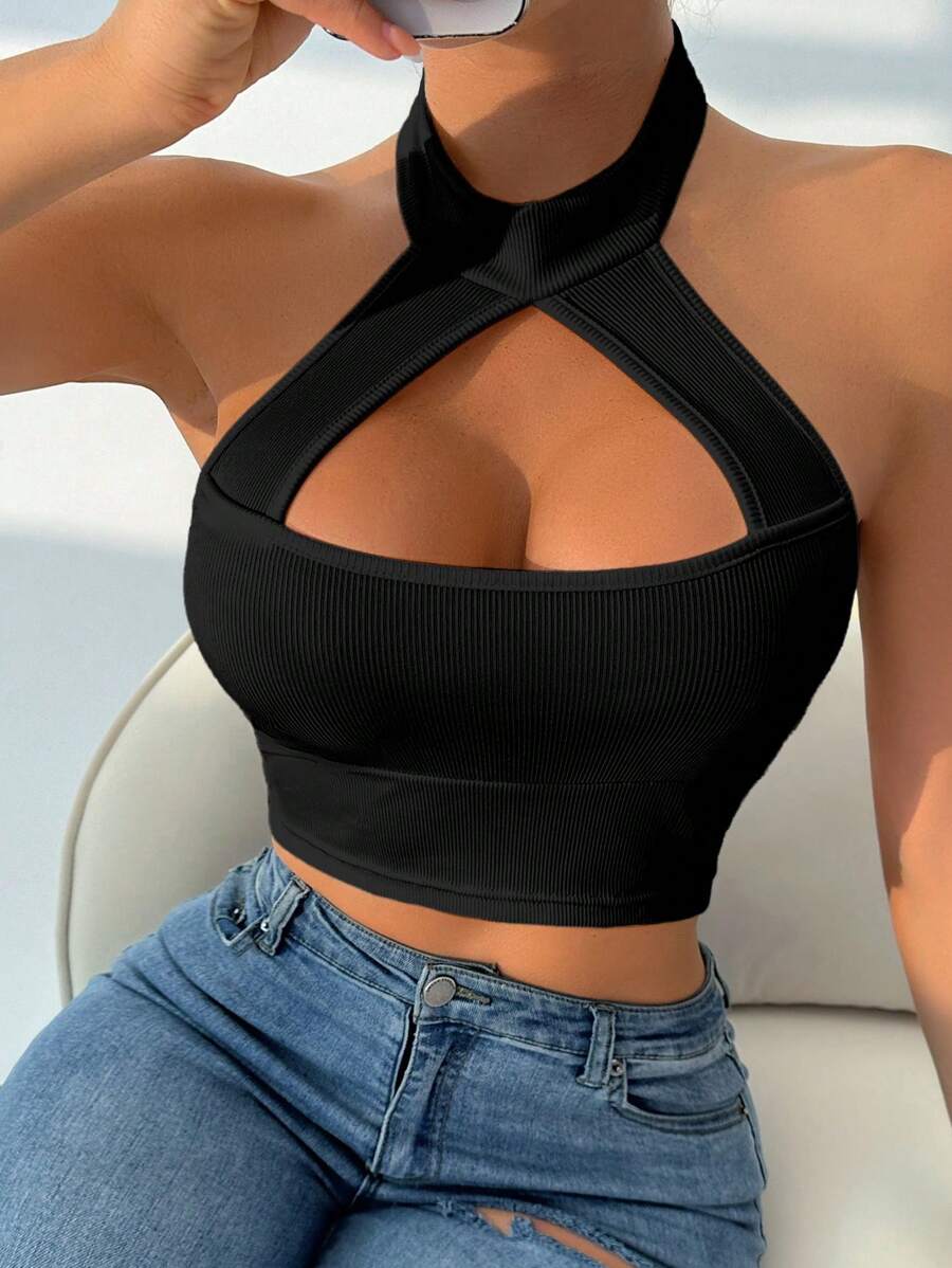 VaVaBold Women's Hollow Out Spaghetti Strap Backless White Crop Top - Black - View 1