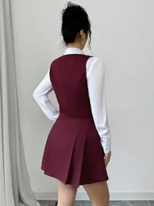 Elenzga Solid Color Sleeveless Vest & A-Line Pleated Skirt Suit