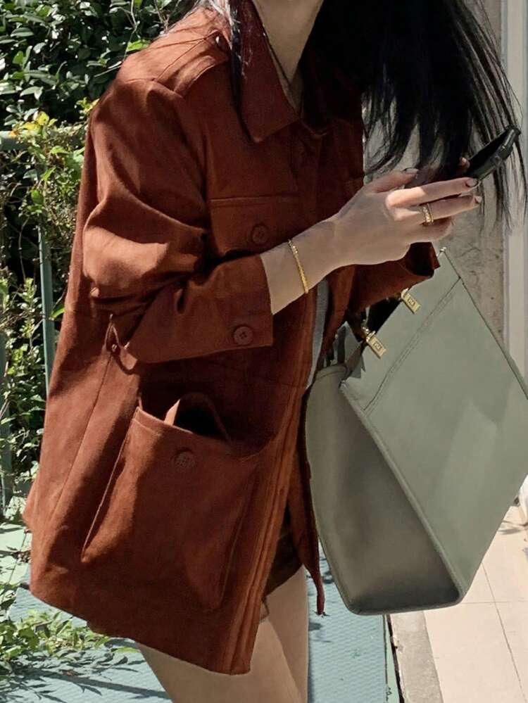 Women Solid Color Loose Casual Pocketed Coat, Suitable For Christmas, Spring/Autumn Women Jacket,Fall Women Clothes