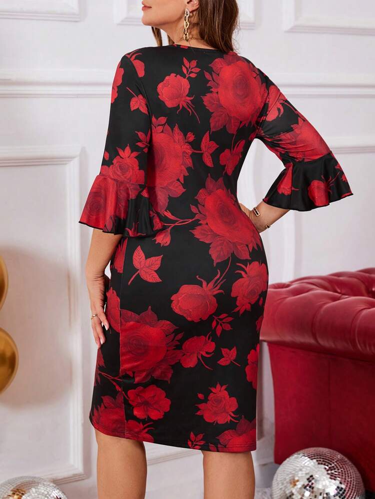 Plus Size Women Floral Print Round Neck Casual Mini Dress,Valentine's Day
