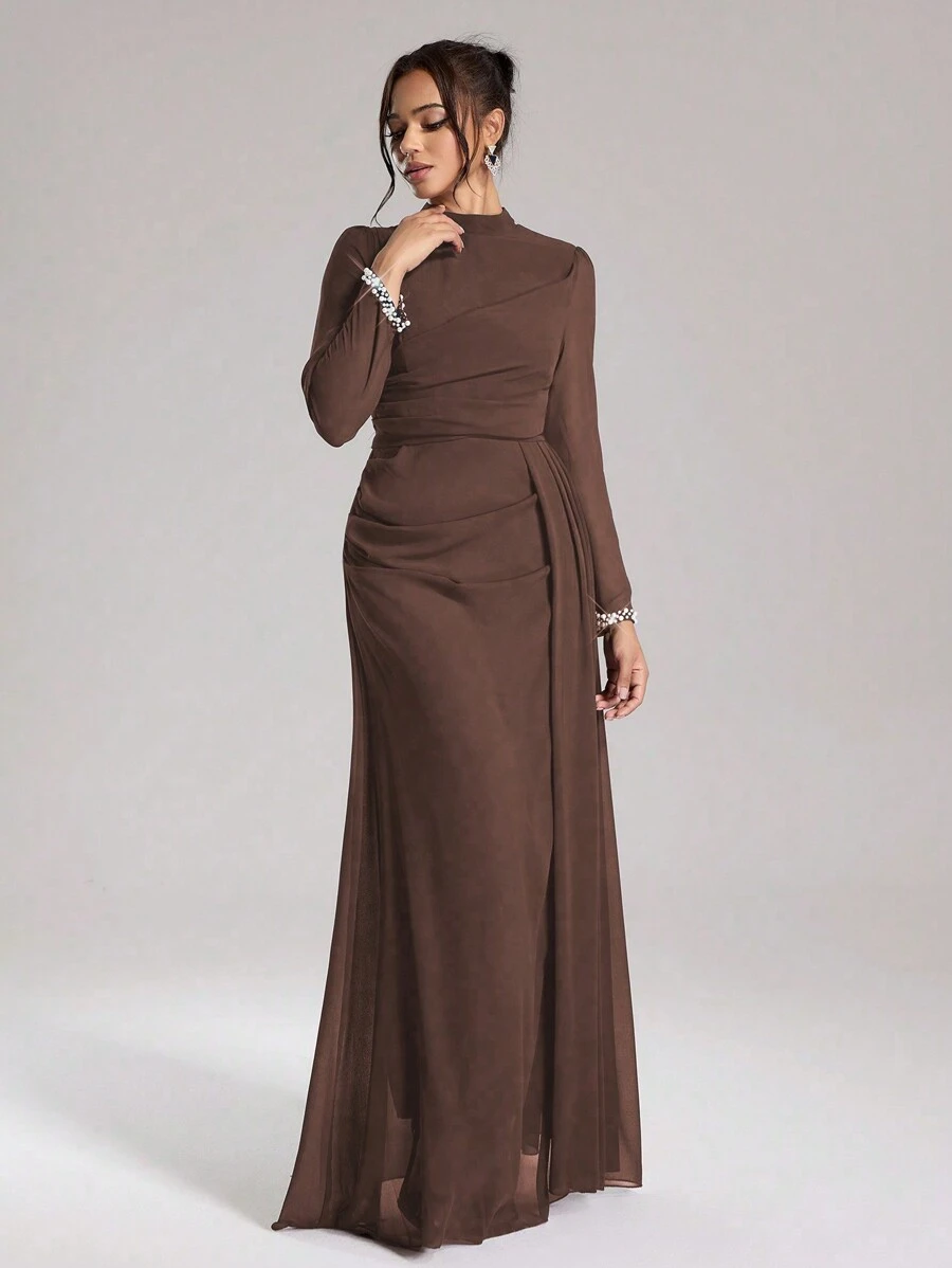 Coutiva Sequin Pearl Cuff Elegant Formal Long Sleeve Dress, Luxurious & Elegant Lady Evening Gown For New Year, Party Autumn And Winter Bridesmaid Dress, Wedding Guest Dress - Coffee Brown - View 1