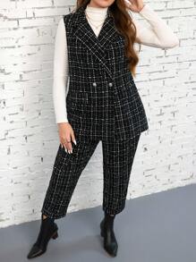 SHEIN LUNE Plus Size Plaid Double Breasted Vest And Pants Suit Winter Clothes For Women - Black and White - View 3