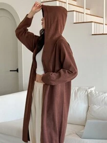 DAZY Winter Minimalist Knitted Hooded Loose Bathrobe Pajama, Cozy Outfit - Brown - View 2