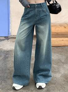 DAZY Jeans dritti casual ampi e plissettati da donna con decorazioni in strass