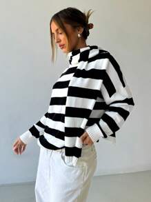 Aloruh Women's Autumn And Winter Sweater, Warm, Casual, Elegant, Business Commuting, Old Money Style, Loose Black And White Striped Knitted Top, Round Neck Long-Sleeved Striped Sweater (Including Scarf )2pce, Daily Wear