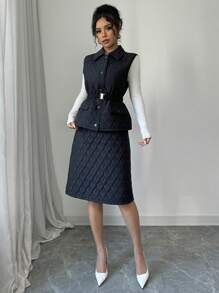 Elenzga 2 件套女士保暖夹克背心和裙子套装，适合秋冬季保暖