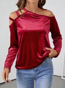 SHEIN LUNE Camiseta de manga larga de mujer con diseño de lazo en el hombro derecho, de tela de terciopelo, casual y versátil, para otoño/invierno