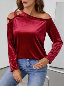 SHEIN LUNE Camiseta de manga larga de mujer con diseño de lazo en el hombro derecho, de tela de terciopelo, casual y versátil, para otoño/invierno