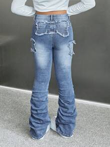 SHEIN Tween Girl Y2K Moda Fluture Mozaic cu franjuri Volană La modă Casual Versatili Blugi stivuiți