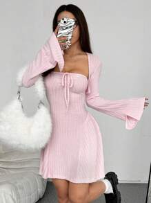 Flirla 2 sztuki Elegancki zestaw sukienek Y2K Casual Brushed Ribbed Knit z długim rękawem